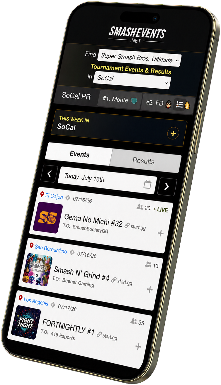 SmashEvents regional tournament discovery tool on a mobile phone.